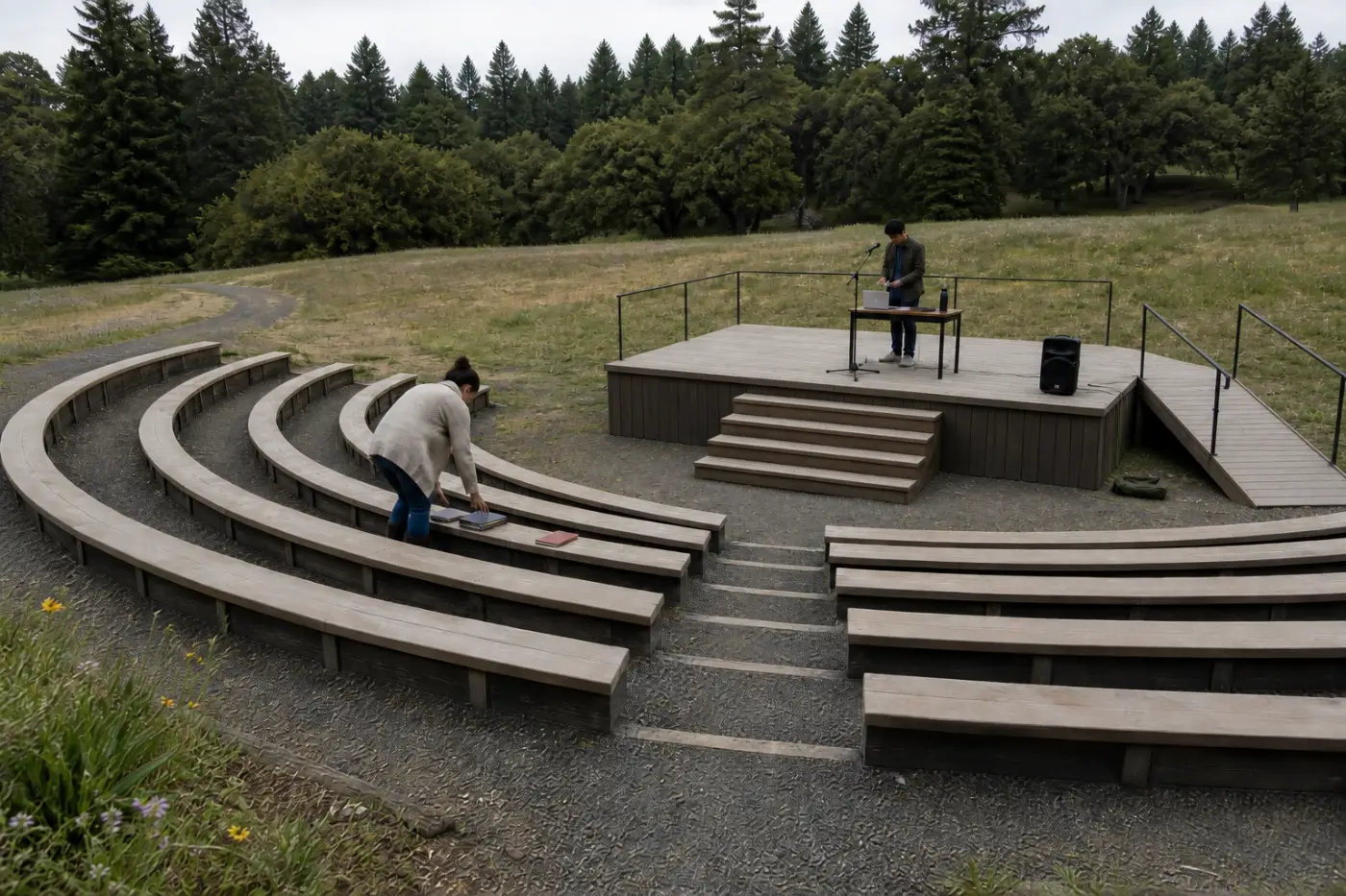 An open-air amphitheater with tiered benches and a low stage