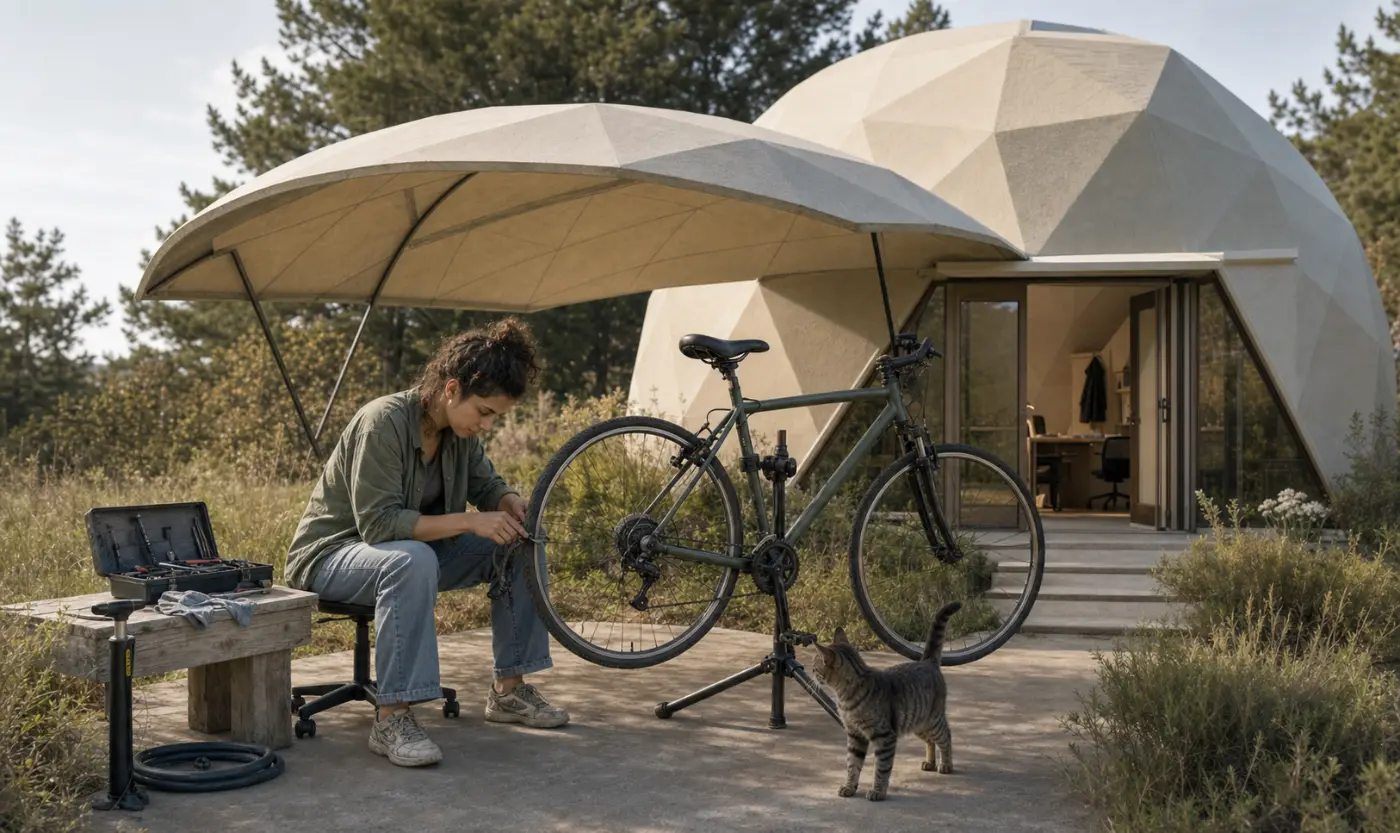 A person repairing a bicycle on a stand outside a dome home