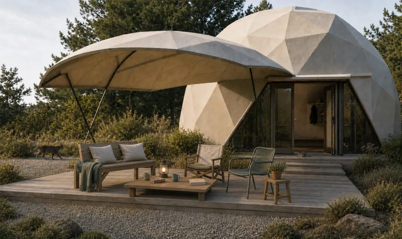 Dome home with an attached faceted canopy over a wooden deck