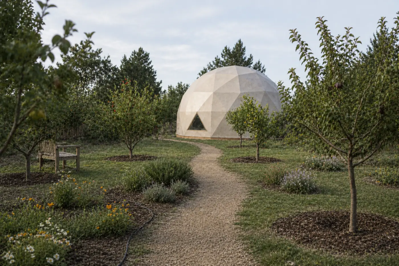 The back of the dome home opening onto a fruit garden