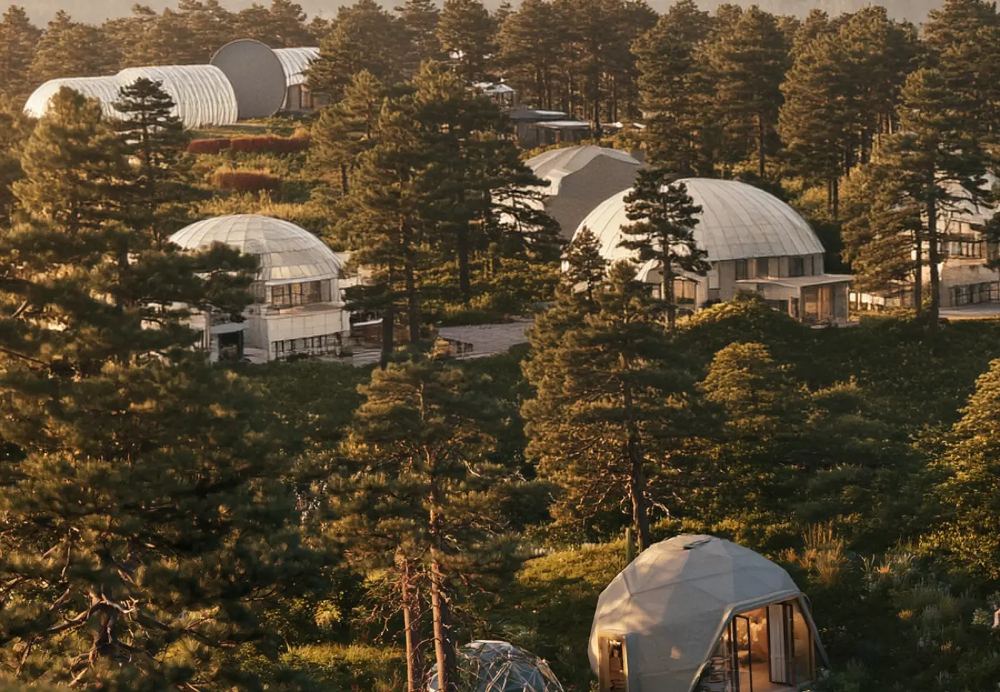 Domes and arched greenhouses seen from above among pines