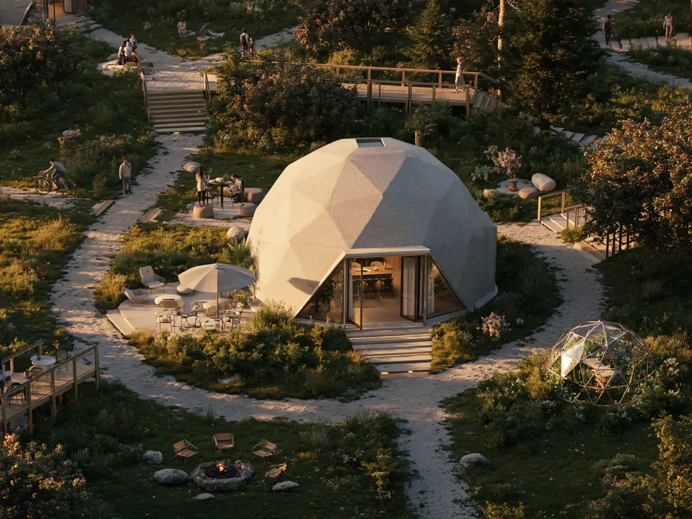 A single dome home with its own ground, seating and small greenhouse