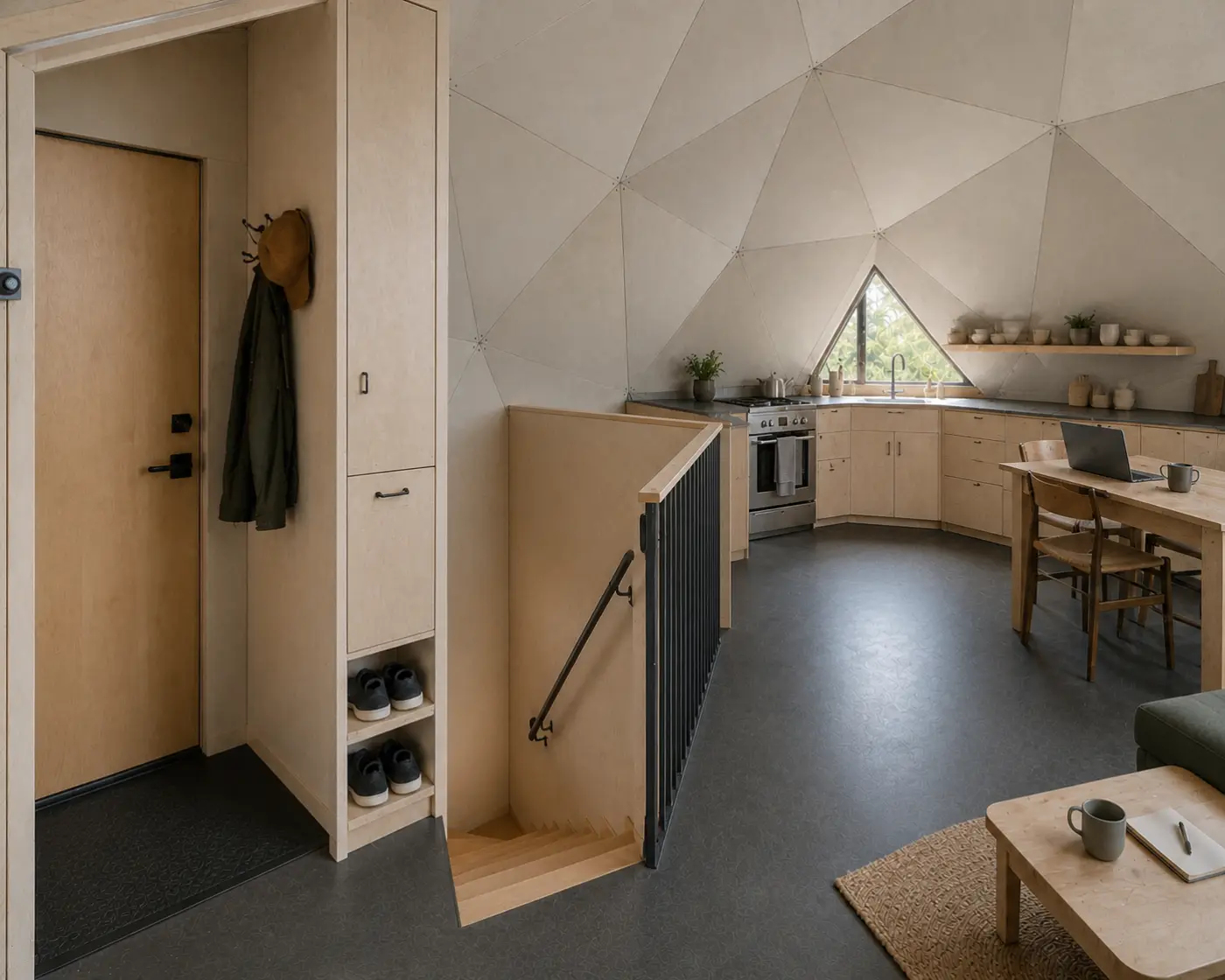 Entry, stair and kitchen inside the dome
