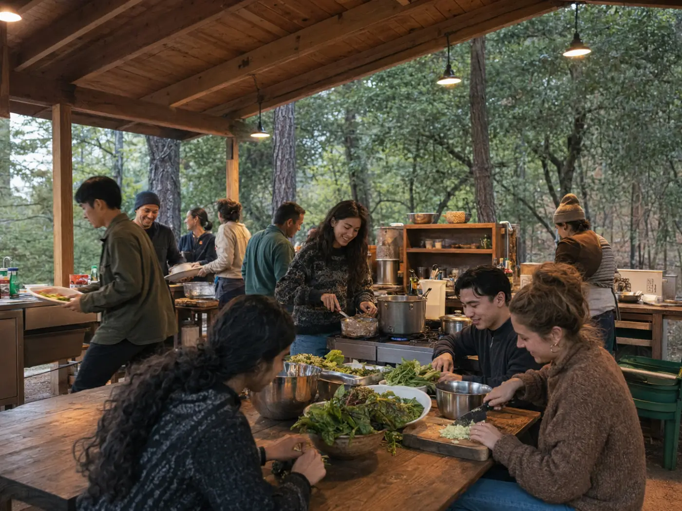 People cooking together in a shared covered kitchen