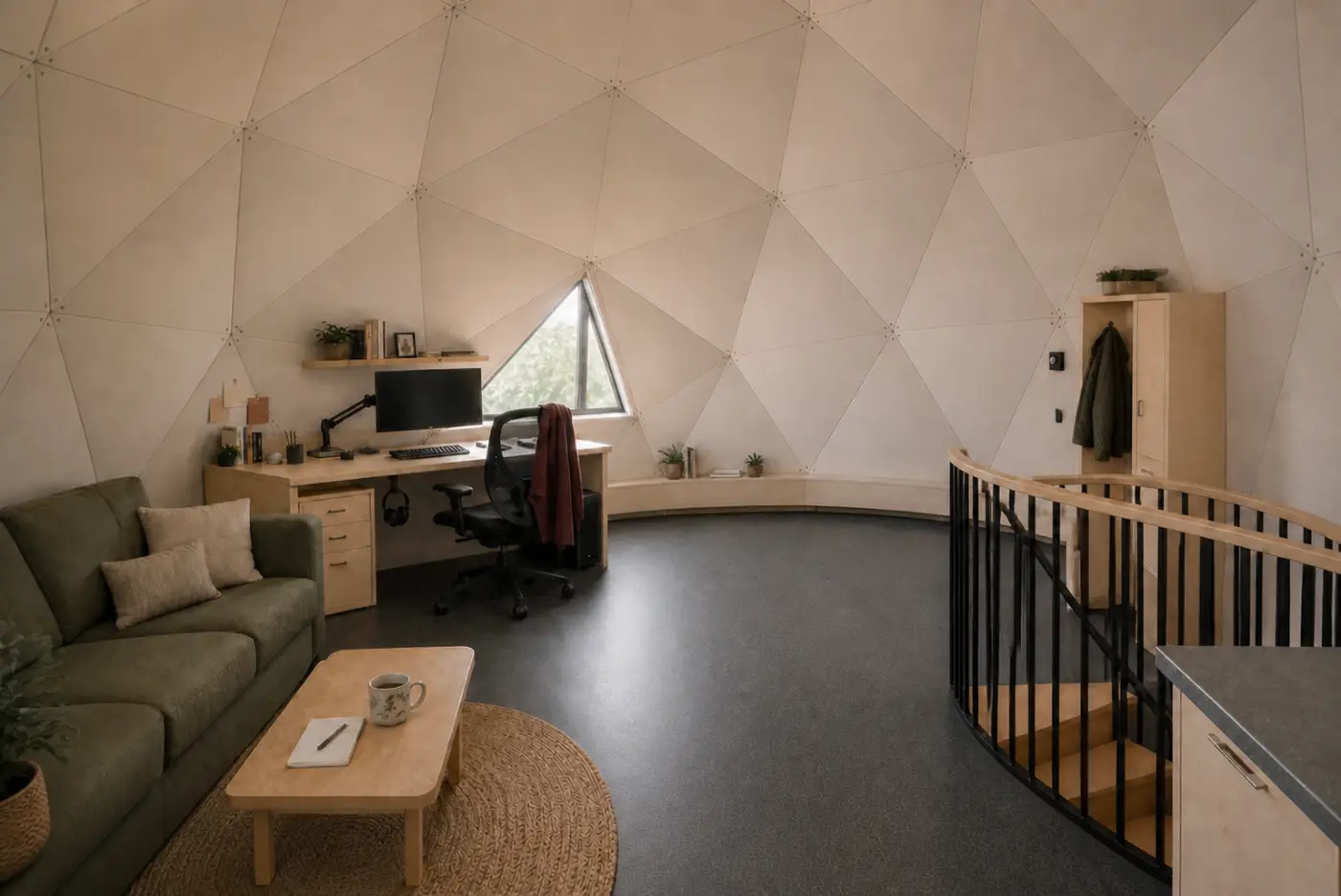 Living area inside the round shell of the dome