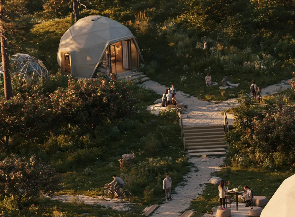 A dome home on its own parcel, paths leading between the trees