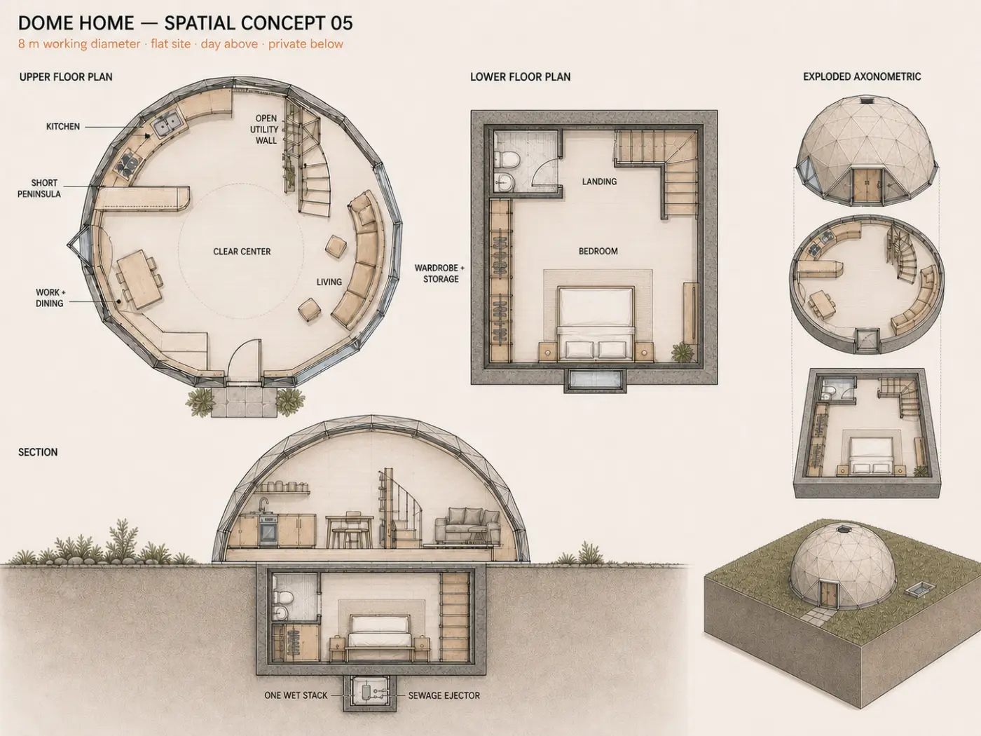 Architectural sheet: upper and lower floor plans, section and axonometrics