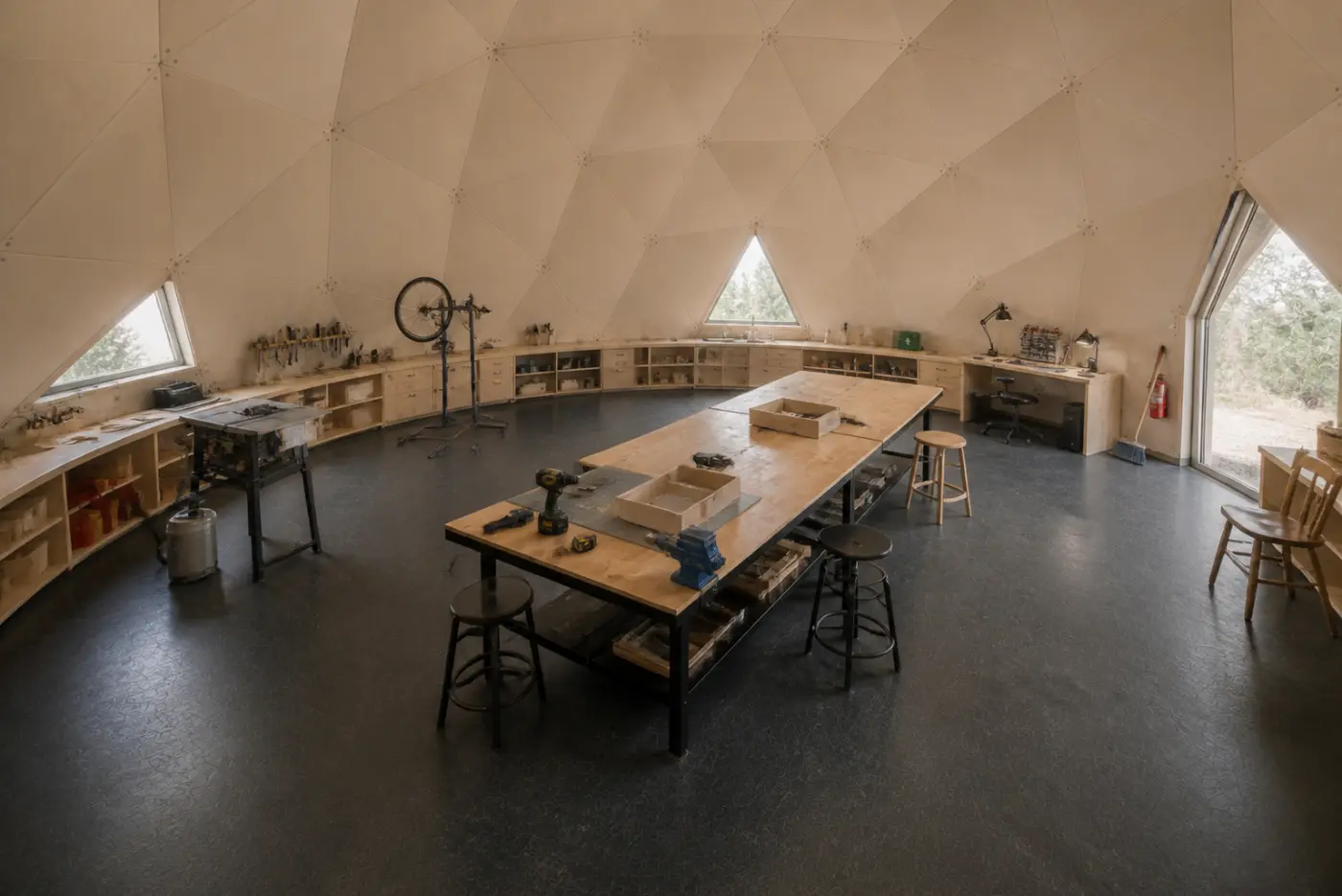 Shared workshop inside a geodesic dome with long work tables