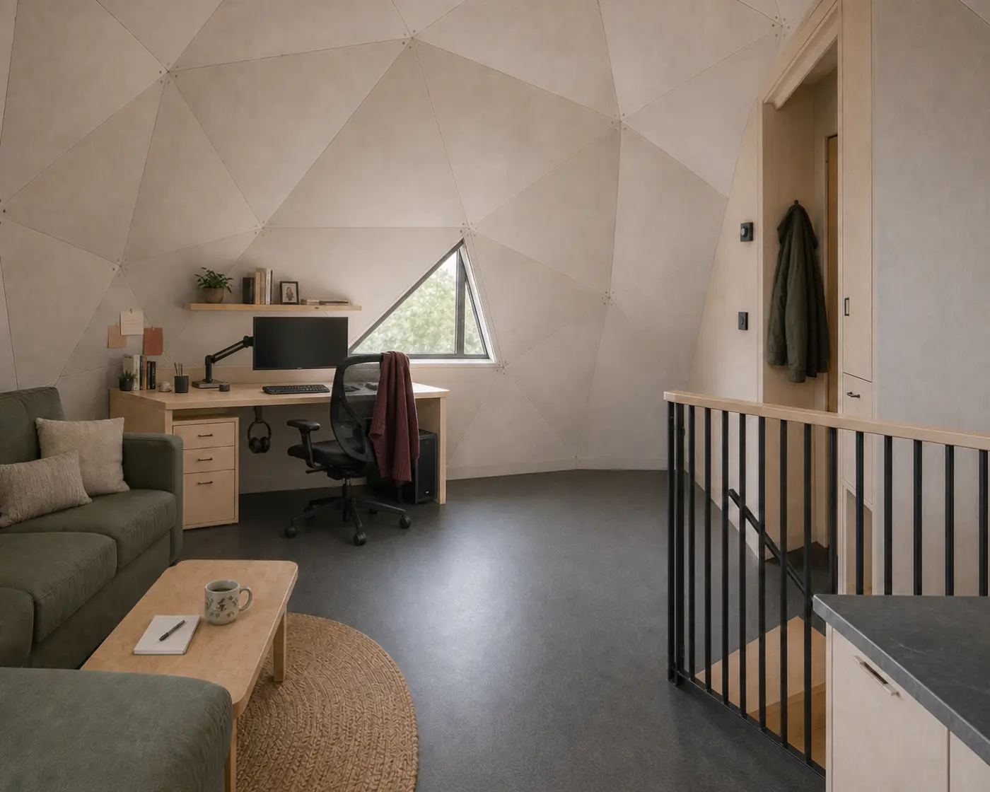 A permanent desk with monitor inside the dome